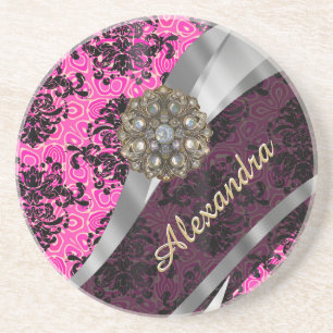 Personalised pretty girly pink damask pattern coaster