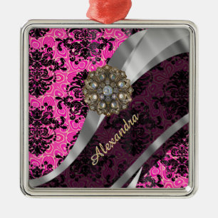 Personalised pretty girly pink damask pattern metal tree decoration