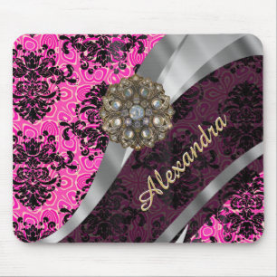 Personalised pretty girly pink damask pattern mouse mat