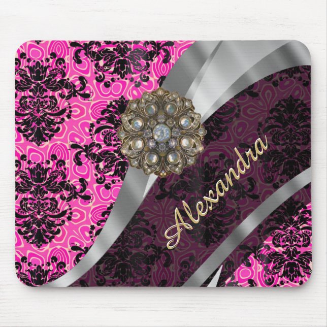 Personalised pretty girly pink damask pattern mouse mat (Front)