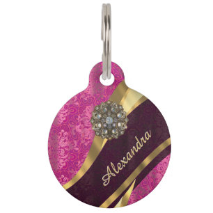 Personalised pretty girly pink damask pattern pet tag