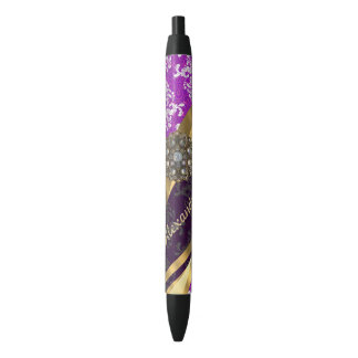 Personalised pretty girly purple damask pattern black ink pen