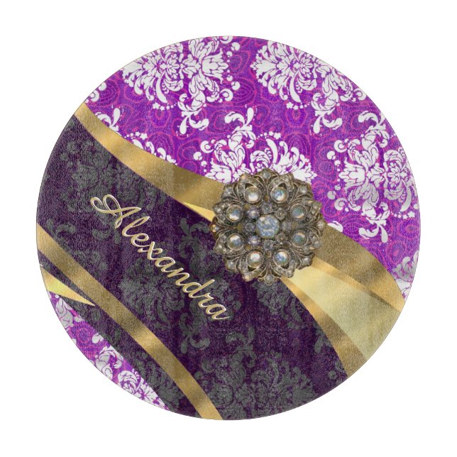 Personalised  pretty girly purple damask pattern cutting board (Front)