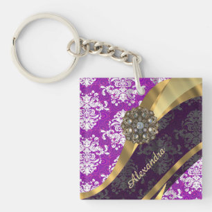 Personalised pretty girly purple damask pattern key ring