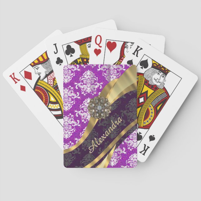 Personalised  pretty girly purple damask pattern playing cards (Back)