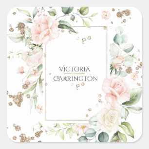 Personalised Pretty Gold Floral Watercolor  Square Sticker