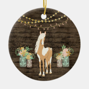 Personalised Pretty Horse and Flowers Rustic Wood Ceramic Tree Decoration