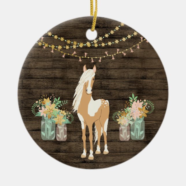 Personalised Pretty Horse and Flowers Rustic Wood Ceramic Tree Decoration (Front)