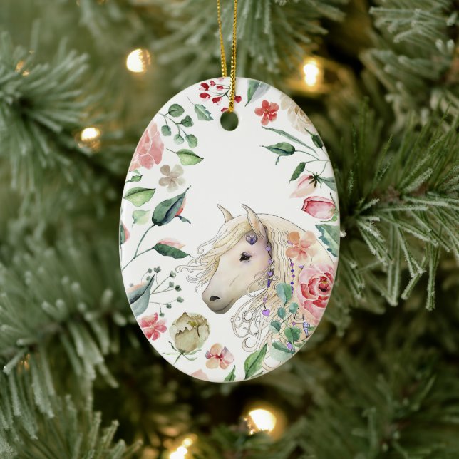 Personalised Pretty Horse Flower Garden Christmas Ceramic Tree Decoration (Tree)