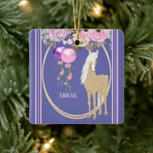 Personalised Pretty Horse Pink and Periwinkle Ceramic Ornament