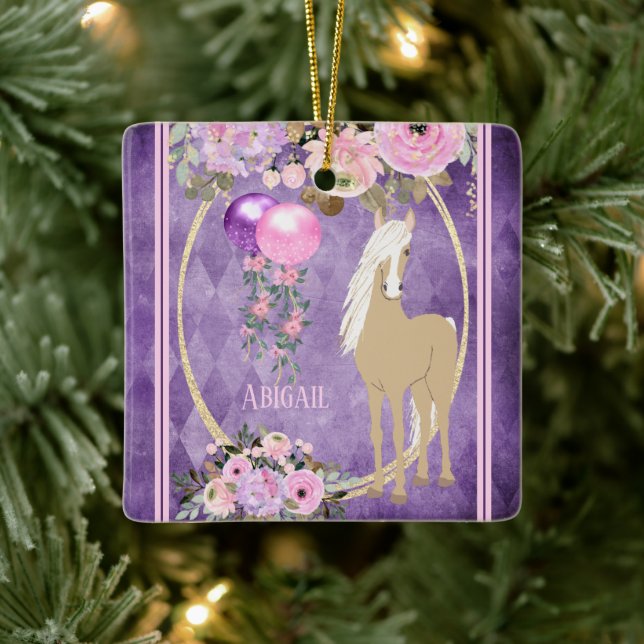 Personalised Pretty Horse Pink Purple Christmas Ceramic Ornament (Tree)