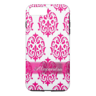 Personalised pretty hot pink and white damask iPhone 8 plus/7 plus case