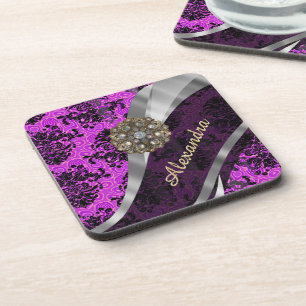 Personalised pretty magenta girly damask pattern coaster
