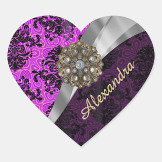 Personalised pretty magenta girly damask pattern heart sticker