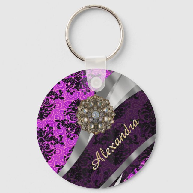 Personalised pretty magenta girly damask pattern key ring (Front)