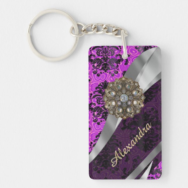 Personalised pretty magenta girly damask pattern key ring (Front)
