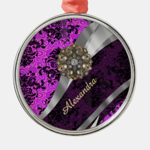 Personalised pretty magenta girly damask pattern metal tree decoration