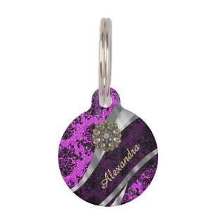 Personalised pretty magenta girly damask pattern pet tag