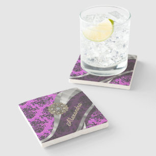 Personalised pretty magenta girly damask pattern stone coaster