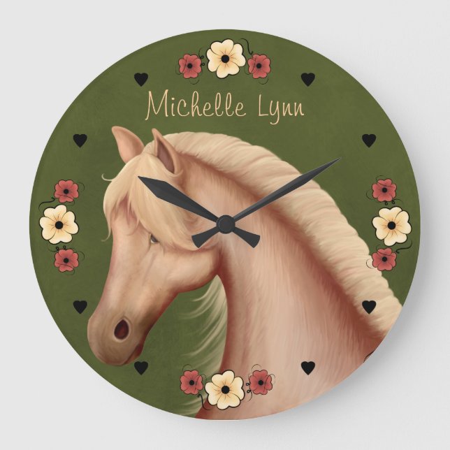 Personalised Pretty Palomino Pony n Flowers Horse Large Clock (Front)
