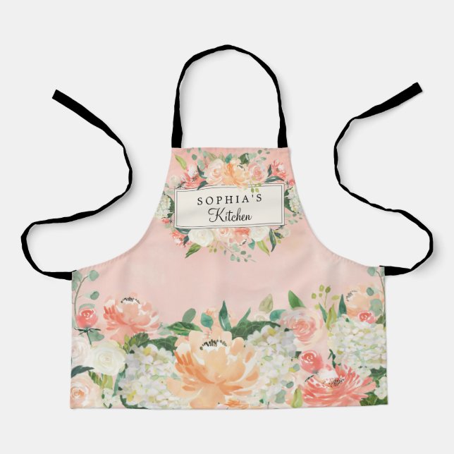 Personalised Pretty Peach Floral Kitchen Apron (Front)