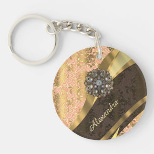 Personalised pretty peach girly damask pattern key ring