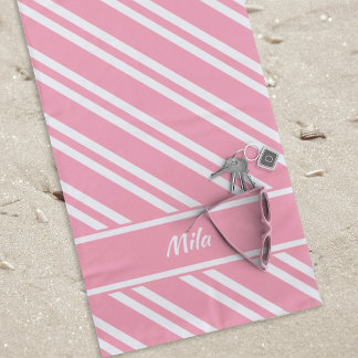 Personalised Pretty Pink and White Stripes Beach Towel