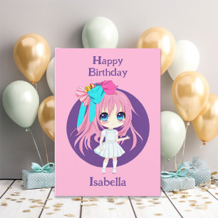 Personalised Pretty Pink Anime Birthday Girl Card