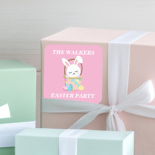 Personalised Pretty Pink Easter Bunny Party Square Sticker