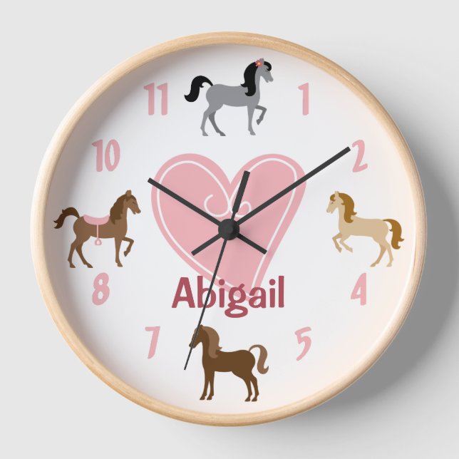 Personalised Pretty Ponies and Pink Heart Horse Clock (Front)