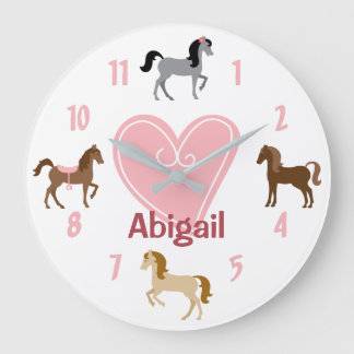Personalised Pretty Ponies and Pink Heart Horse Large Clock