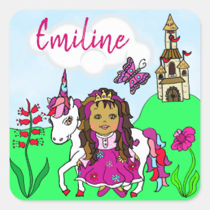 Personalised Pretty Princess and Unicorn Castle Square Sticker