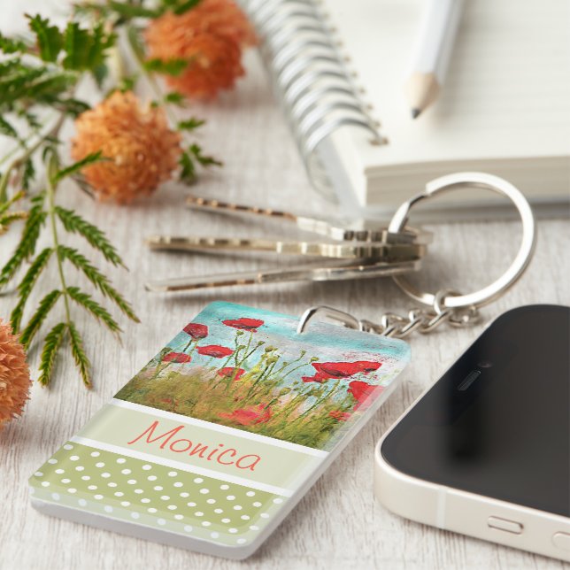 Personalised Pretty Red Poppy Flowers Key Ring (Front Right)