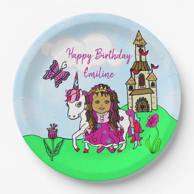 Personalised Princess and Unicorn Birthday Party Paper Plate (Front)