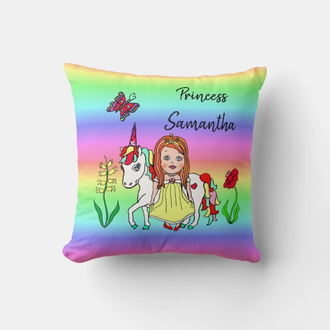 Personalised Princess and Unicorn Rainbow Girl's Cushion (Front)