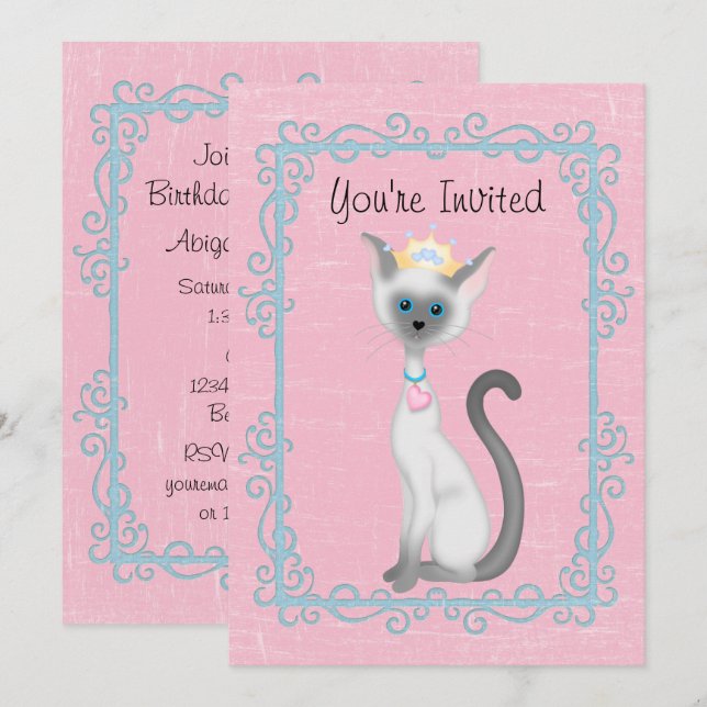 Personalised Princess Cat Pink Birthday Invitation (Front/Back)