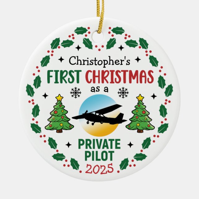 Personalised Private Pilot Custom Name Christmas Ceramic Tree Decoration (Front)