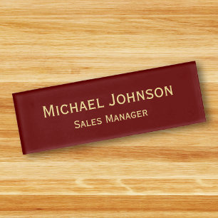 Personalised Professional Elegant Faux Gold Maroon Name Tag