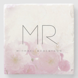 Personalised Professional Monogram Minimal Floral Stone Coaster