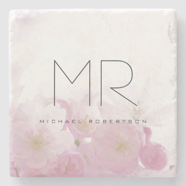 Personalised Professional Monogram Minimal Floral Stone Coaster (Front)