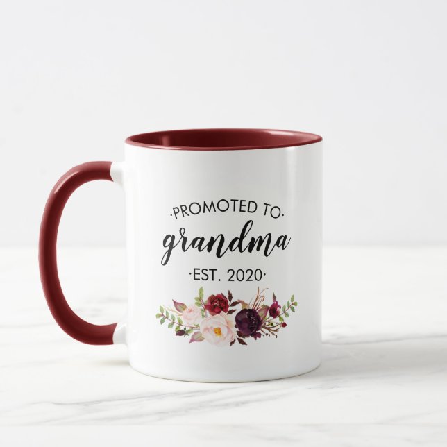 Personalised Promoted to Grandma Floral Burgundy Mug (Left)
