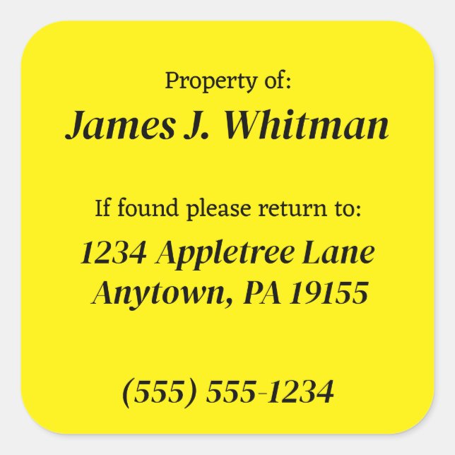 Personalised Property of Custom Information Square Sticker (Front)