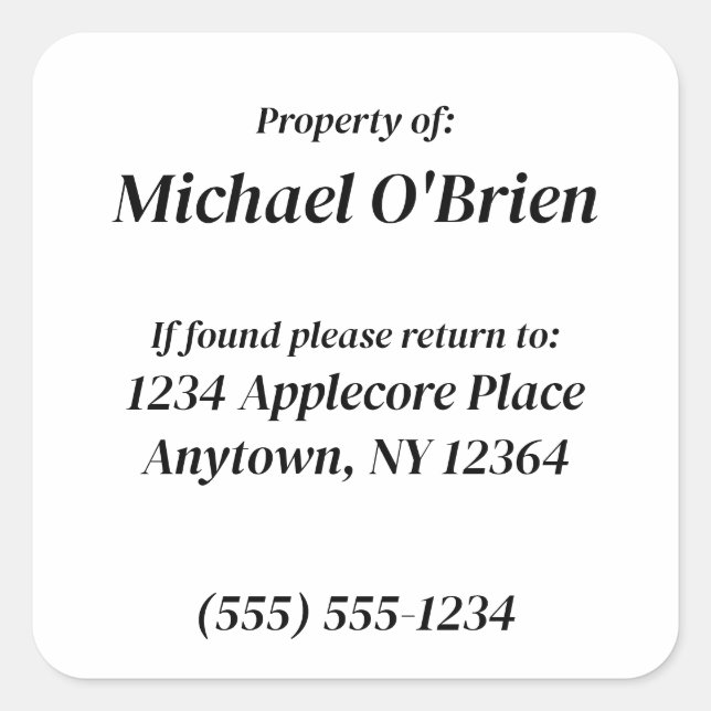 Personalised Property of Custom Information Square Sticker (Front)
