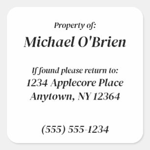 Personalised Property of Custom Information Square Sticker