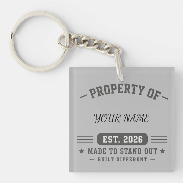 Personalised Property Of Name – Varsity Style Cust Key Ring (Front)
