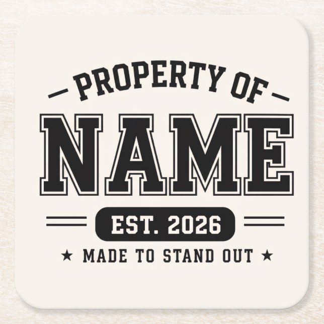 Personalised Property Of Name – Varsity Style Cust Square Paper Coaster (Front)