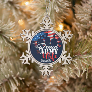 Personalised Proud Army Wife USA Flag Military Snowflake Pewter Christmas Ornament