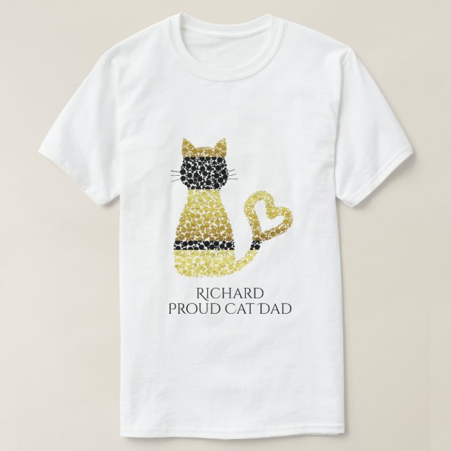 Personalised Proud Cat Dad Black Gold Cat T-Shirt (Design Front)