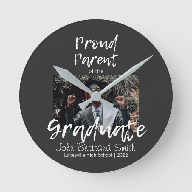 Personalised Proud Parent of Graduate Student Round Clock (Front)