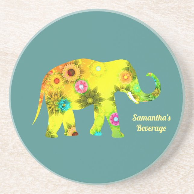 Personalised Psychedelic Floral Elephant Coaster (Front)